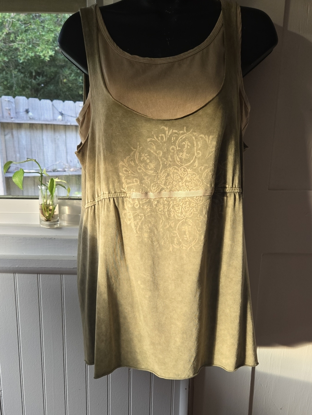 ONE WORLD Olive Green Scoop Neck Tank with Tonal Medallion